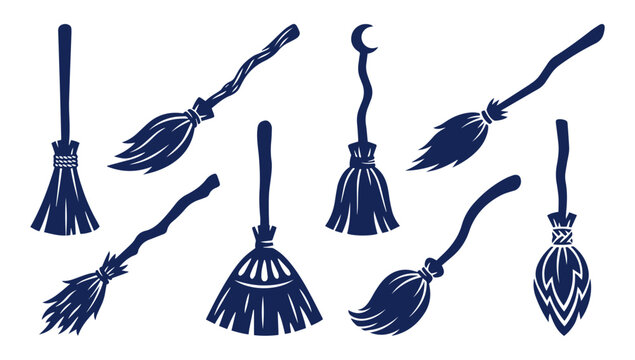 Set of witch broomstick icons for Halloween celebration and magic spell design elements