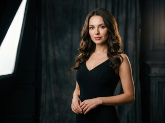 Fototapeta premium Elegant Woman in Black Evening Dress Portrait