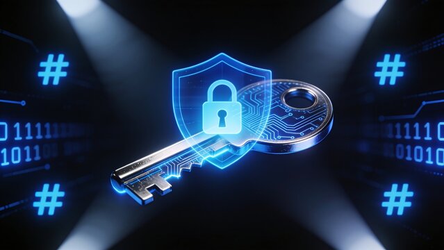 Futuristic digital key and padlock shield symbolizing cybersecurity, data protection, and secure digital access.