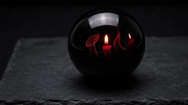 Mysterious Halloween crystal ball reflecting glowing red candle flames on a dark stone surface in a spooky occult atmosphere