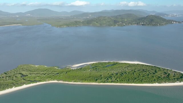 Florian&oacute;polis, Daniela Beach. Aerial View of Tropical Coastline. Establishing Shot. Santa Catarina, Brazil.