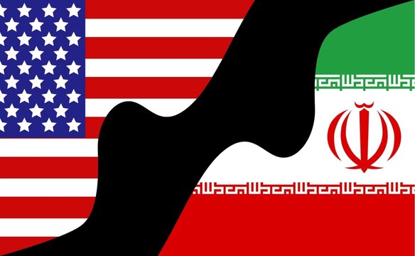 United States and Iran Flags with Abstract Black Divide Symbolizing Political Tension and International Relations