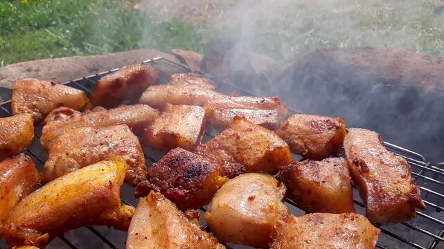 Pork belly bacon pieces cooking on barbecue grill grate with smoke outdoors. Delicious crispy lard meat preparation, charcoal BBQ picnic concept.