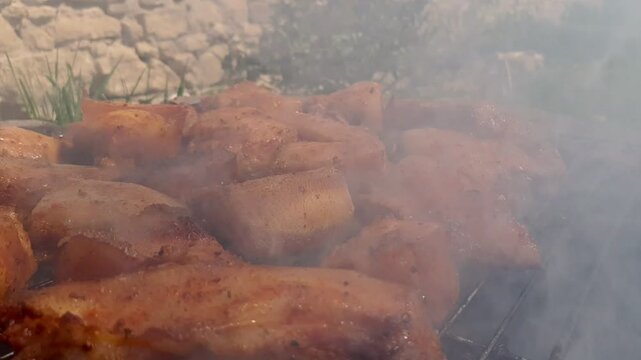 Pork belly bacon pieces cooking on barbecue grill grate with smoke outdoors. Delicious crispy lard meat preparation, charcoal BBQ picnic concept.