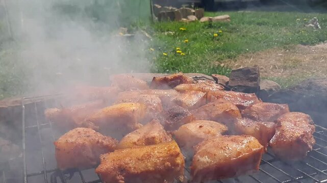 Pork belly bacon pieces cooking on barbecue grill grate with smoke outdoors. Delicious crispy lard meat preparation, charcoal BBQ picnic concept.