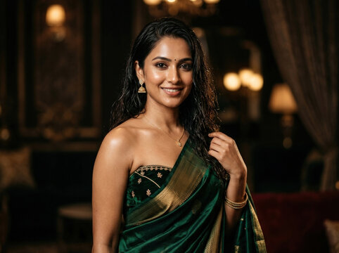 Beautiful woman wearing a green saree poses indoors in an elegant, warmly lit setting, creating a graceful and sophisticated portrait.