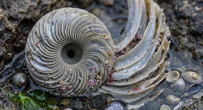 Macro Close-Up of Intricate Spiral Seashell in Coastal Tide Pool with Water Droplets and Seaweed