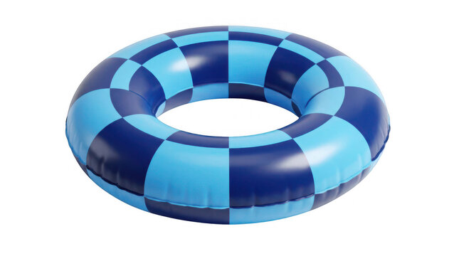 Blue checkered inflatable pool ring floating during summer holidays Isolated on transparent background