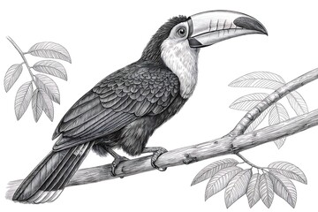 Naklejka premium Black and white toucan bird perched on a tree branch
