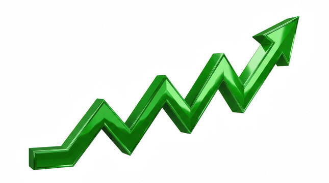 Green upward trending arrow graph signifying growth and progress isolated on transparent background