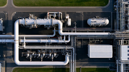 Naklejka premium Aerial top down view of a complex industrial chemical plant facility with large white metal pipeline network system and storage tanks layout