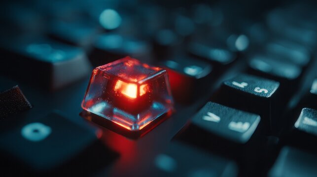 Glowing red mechanical keyboard keycap, illuminated gaming computer hardware, cinematic tech peripheral with neon light