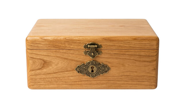 Closed wooden box with vintage metal latch and keyhole isolated on transparent background