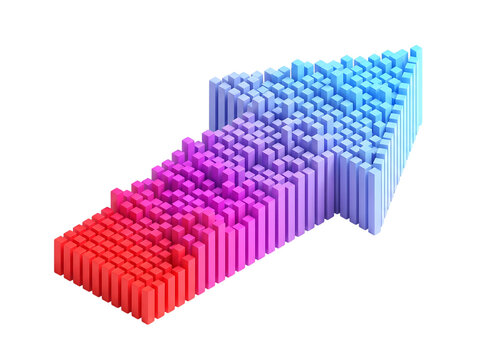 Abstract 3D arrow made of colorful pixel blocks pointing forward