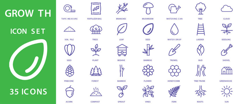 Collection of nature and garden growth icons featuring plants seeds trees and agriculture farming tools