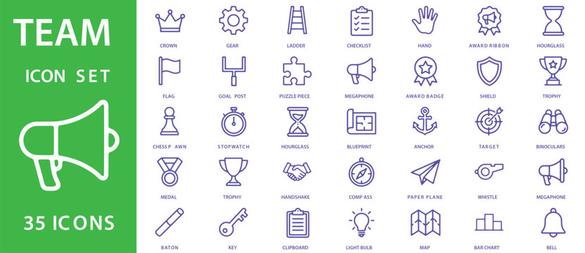 Set of thirty five purple outline business and teamwork icons on a clean green graphic design