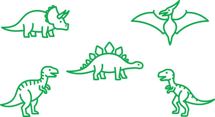 Fototapeta premium A collection of cute black and white vector animals featuring various prehistoric dinosaurs drawn in a simple line style