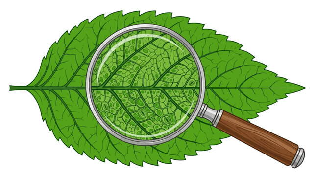 Magnifying glass over a green leaf showing cellular structure and stomata