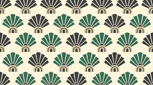 Seamless art deco pattern featuring stylized fan shapes in dark green and black on a cream background
