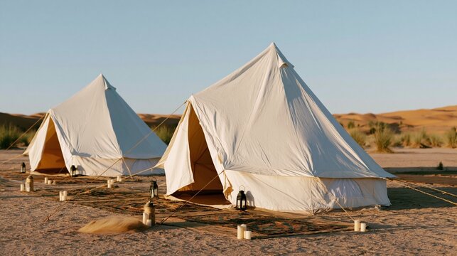Luxury canvas glamping tents glowing under a golden evening sky in a sandy desert landscape, for nomadic travel and romantic wilderness retreats
