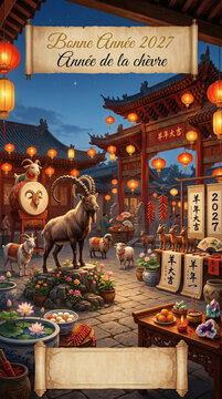 Nouvel an chinois 2027 avec ch&egrave;vre dans une cour aux lanternes