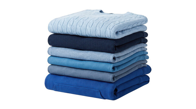 A neat stack of folded blue sweaters in various shades isolated on transparent background