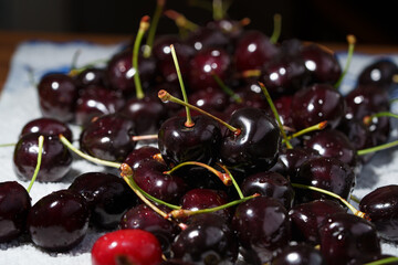 Close-up of juicy ripe cherries with green stems ready to eat, with copy space for text. Detailed food shot of sweet red berries. © Edita
