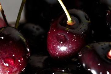 Close-up of juicy ripe cherries with green stems ready to eat, with copy space for text. Detailed food shot of sweet red berries. © Edita