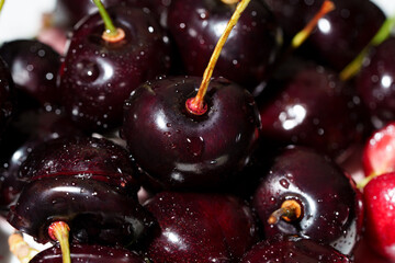 Close-up of juicy ripe cherries with green stems ready to eat, with copy space for text. Detailed food shot of sweet red berries. © Edita