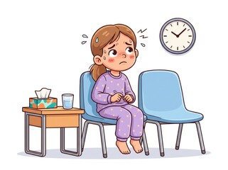 Fototapeta premium Girl with stomach pain sitting in clinic waiting area