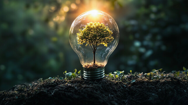 Light bulb containing a small tree and soil in a natural setting  