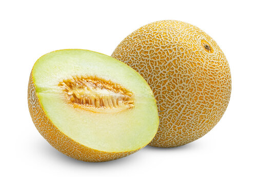 Orange cantaloupe melon and half of melon isolated on white background. 