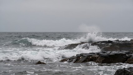 Fototapeta premium Powerful ocean waves crashing against dark volcanic rocks on a stormy coastline under a moody gray sky, capturing the raw natural energy and turbulent sea spray of the wild Pacific coast