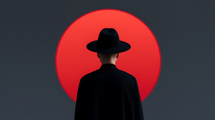 Fototapeta premium Minimalist portrait of a person in a black hat and coat standing in front of a giant red circle against a dark grey wall backdrop