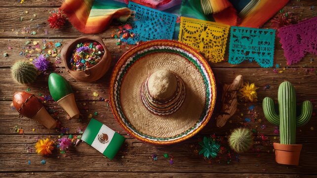 Mexican sombrero and maracas on rustic wood, festive Cinco de Mayo decorations with cactus and flag, vibrant fiesta celebration background