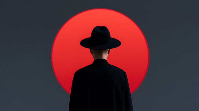 Minimalist portrait of a person in a black hat and coat standing in front of a giant red circle against a dark grey wall backdrop