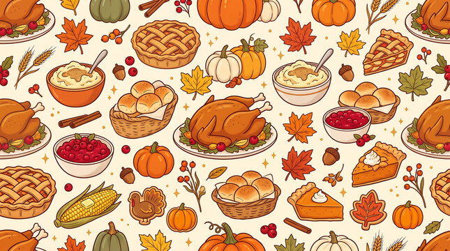 Thanksgiving feast floral ornament features roasted turkey pumpkin pie and autumn foliage