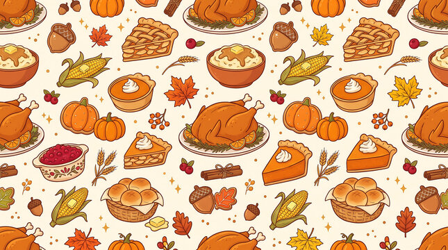 Thanksgiving feast vector illustration featuring roasted turkey pumpkin pie and autumnal foliage