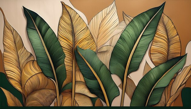 Mural Featuring Stylized Banana Leaves Against A Muted Abstract Background