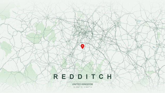 Minimalist vector map of Redditch, Worcestershire, England, United Kingdom. High-quality scalable illustration of Redditch geographic boundaries along River Arrow, Arrow Valley Lake for posters design