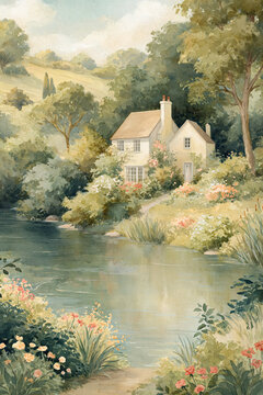 Idyllic cottage by a tranquil river, surrounded by lush green countryside and blooming English garden flowers, painted in a fine art watercolor style