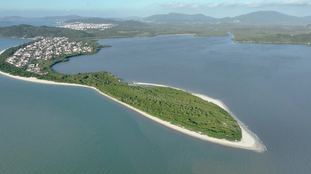 Florian&oacute;polis, Daniela Beach. Aerial View of Tropical Coastline. Establishing Shot. Santa Catarina, Brazil.