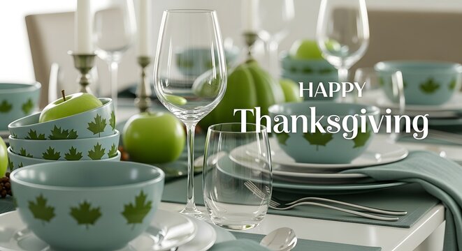 Elegant thanksgiving table setting with green apples and decorative bowls for a festive holiday dinner celebration