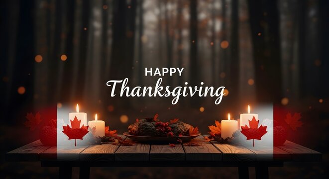 Elegant happy thanksgiving greeting card featuring glowing candles and autumn maple leaves on a dark wooden table