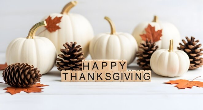 Happy thanksgiving greeting with white pumpkins pine cones and autumn leaves on a white wooden background