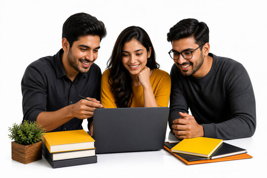Three students collaborating on laptop at desk. Education, teamwork, study group, technology, learning, university, college, classroom, digital education, online learning.