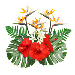 Tropical floral composition with red hibiscus, strelitzia and plumeria flowers on white background © New Africa