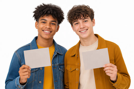 Two smiling young men holding blank cards looking at camera. Education, marketing, social media, advertising.