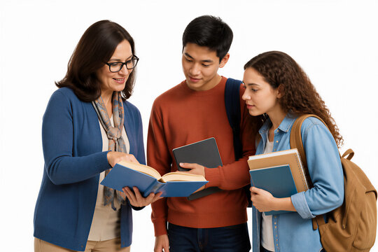 Teacher guiding two students while reviewing textbook content. Education, classroom learning, academic support, study session.