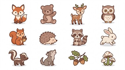 Fototapeta premium Cute Flat Vector Woodland Baby Animal Icon Collection Asset Sheet Isolated on White Background